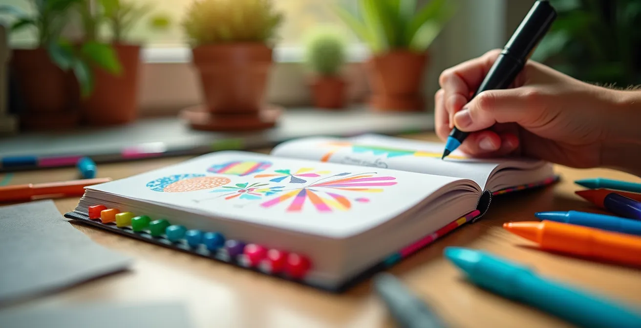 Vue rapprochée d'une personne personnalisant son livret avec surligneurs colorés et notes manuscrites